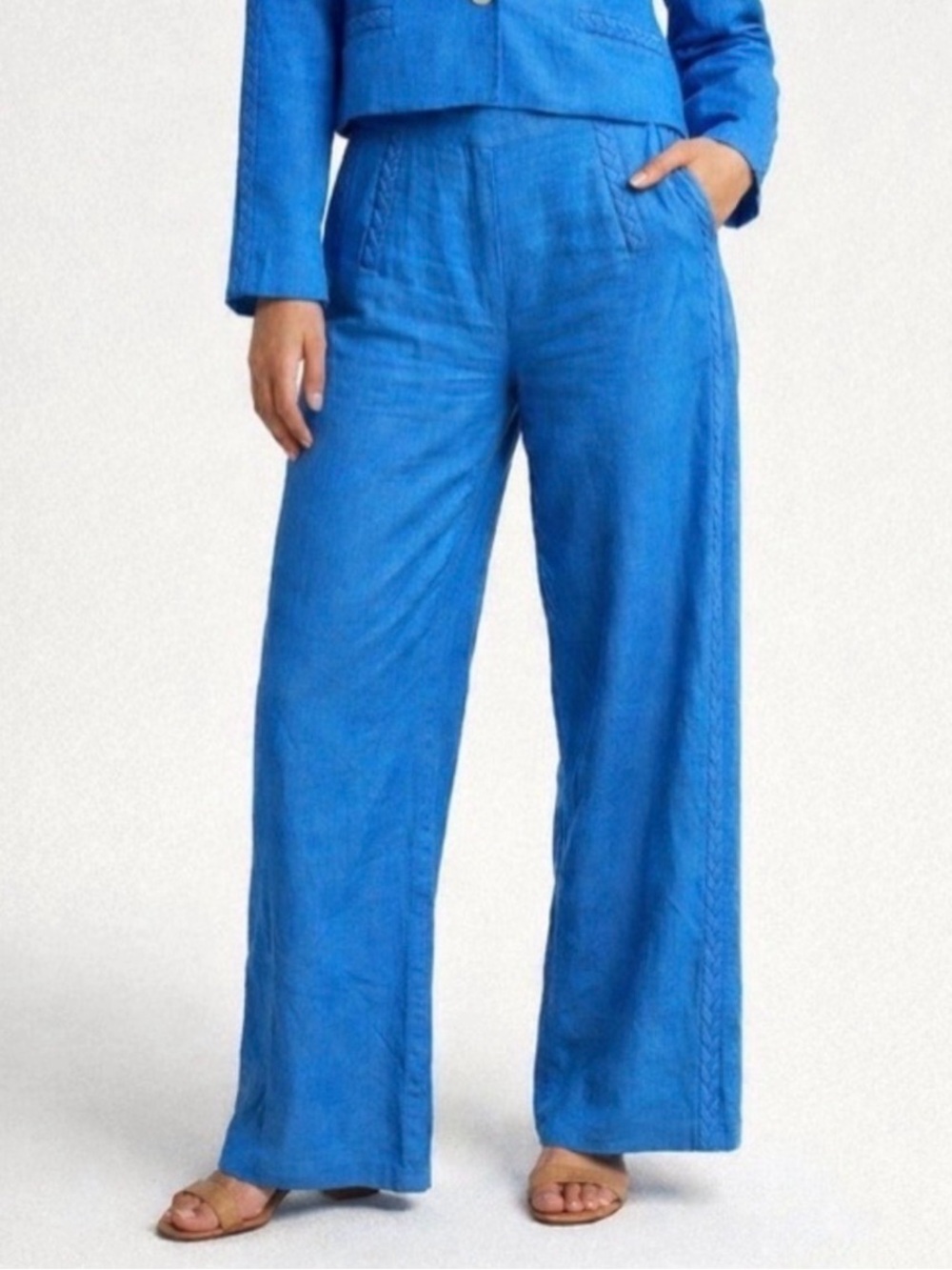 Jason Wu linen blend wide leg pants 10 cobalt blue braid detail coastal preppy